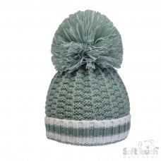 H648-SG-BP: Sage Green Ribbed Hat w/Pom Pom (0-12m)